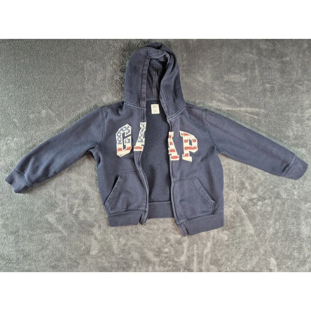 GAP NAVY BLUE MEDIUM HOODIE WITH GAP EMBEDDED USA FLAG DETAIL IN EMBLEM SZ 8-9